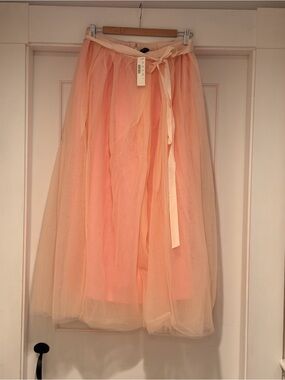 Women's Peach Tulle Midi Skirt with Ribbon Waist